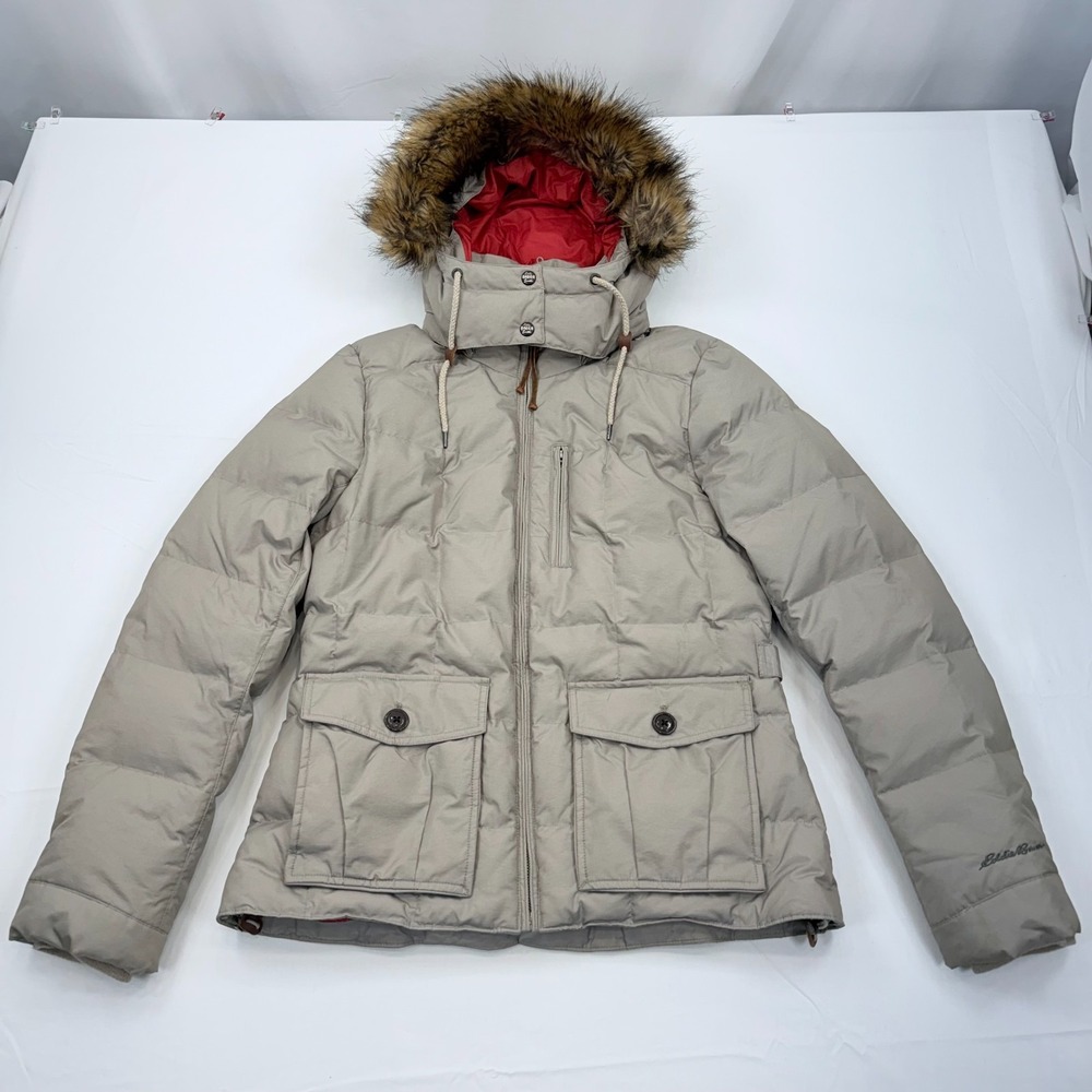 Eddie Bauer Yukon Classic Down Puffer Jacket Womens Medium Hooded Faux Fur Beige